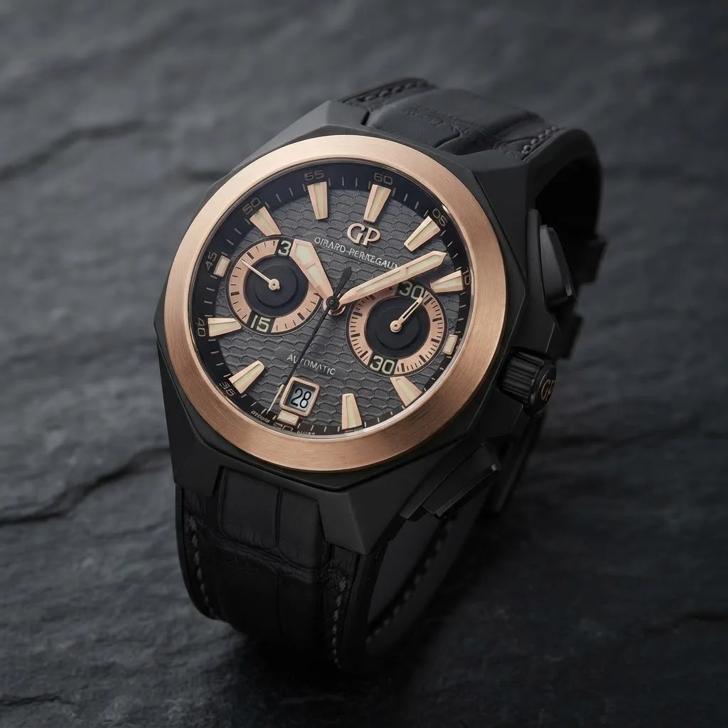 Illustrative render — hero view of the Girard-Perregaux Chrono Hawk Hollywoodland 49970-34-232-BB6A (black DLC titanium, rose gold bezel, grey honeycomb dial)