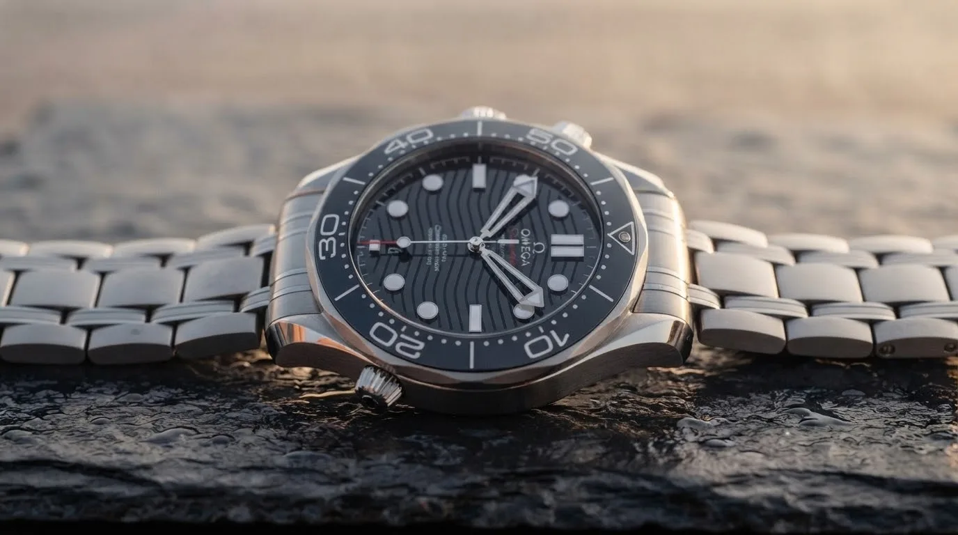 Illustrative render — hero view of the Omega Seamaster Diver 300M Co-Axial Master Chronometer 42mm 210.30.42.20.01.001 (steel, black ceramic dial, steel bracelet)