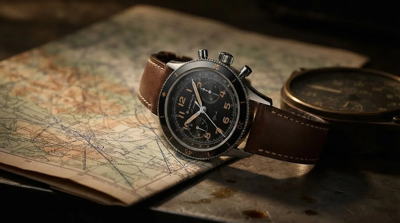 Illustrative render — hero view of the Blancpain Air Command flyback chronograph AC01 1130 63A (limited edition, steel)
