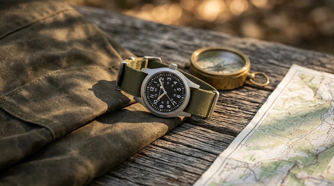 Illustrative render — hero view of the Hamilton Khaki Field Mechanical 38mm