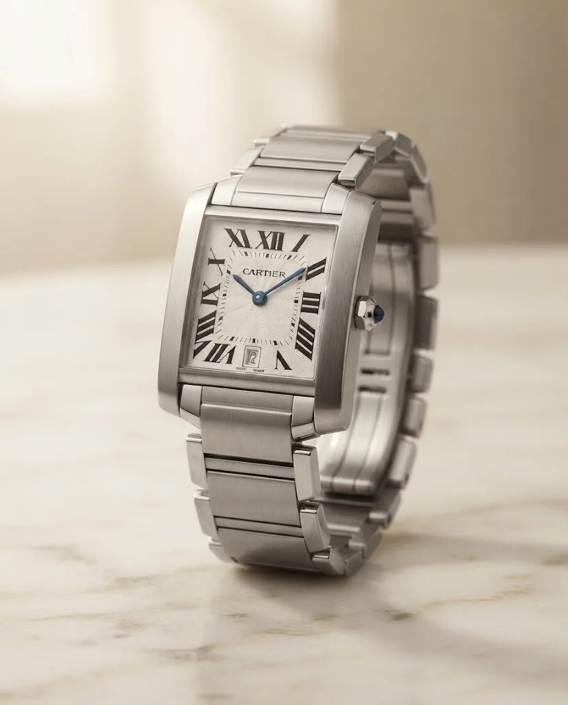 Illustrative render — hero view of the Cartier Tank Francaise large automatic (steel, silver dial, date, steel bracelet)
