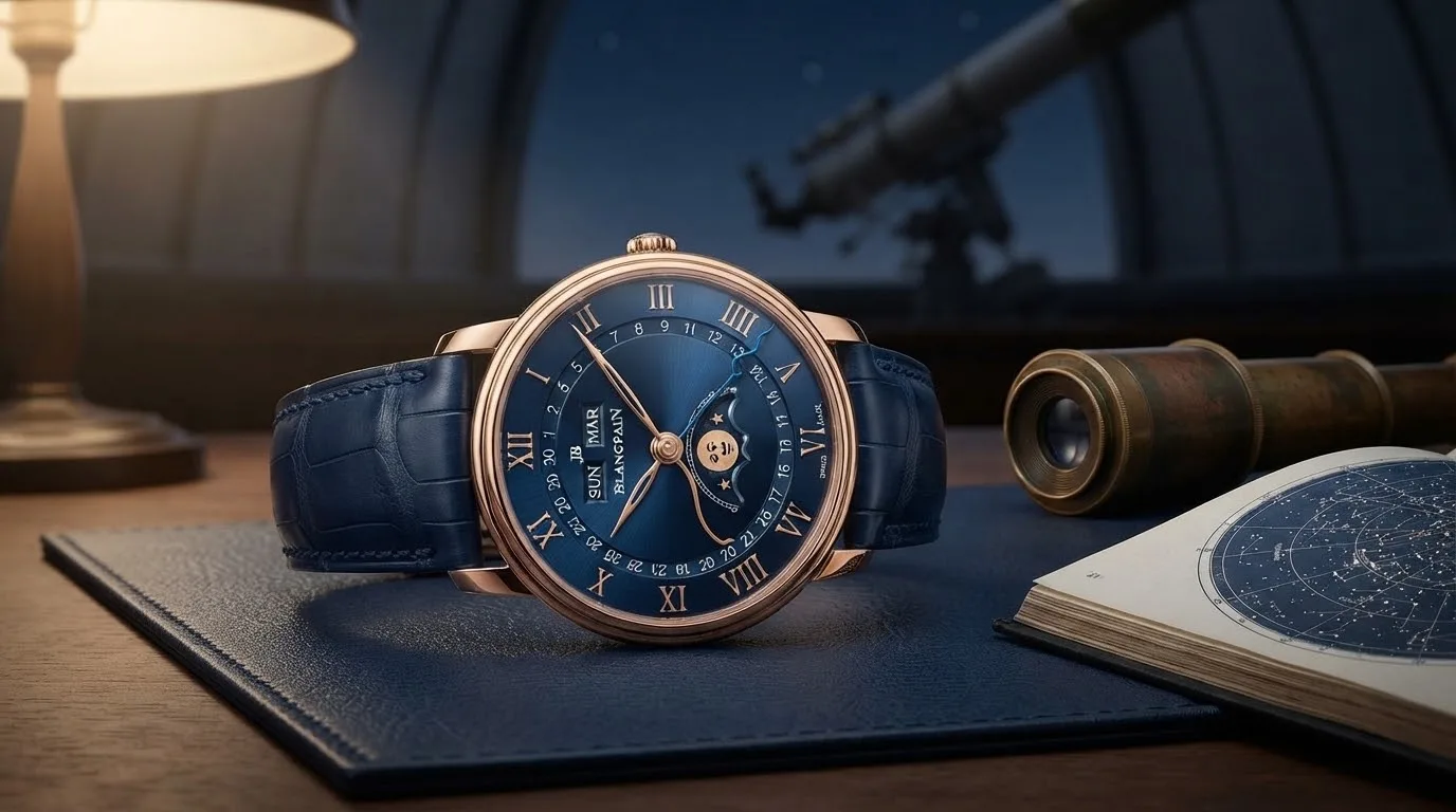 Illustrative render of the Blancpain Villeret Quantième Complet 40 (red gold)