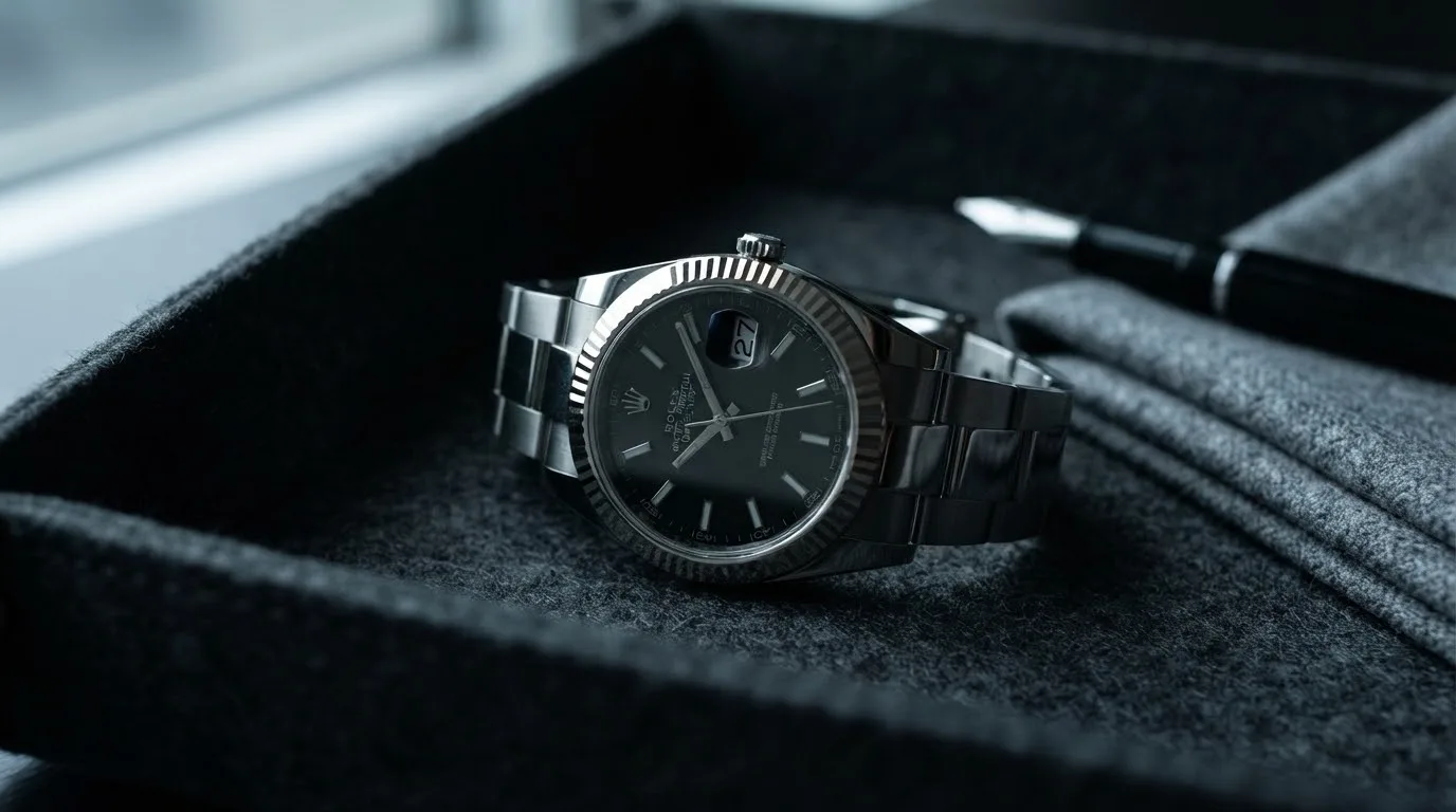 Illustrative render — hero view of the Rolex Datejust 41 (steel, white gold fluted bezel, black dial, box and card)