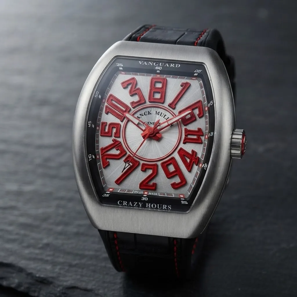 Illustrative render — hero view of the Franck Muller Vanguard Crazy Hours V 45 CH BR (brushed steel, red numerals, black alligator strap)