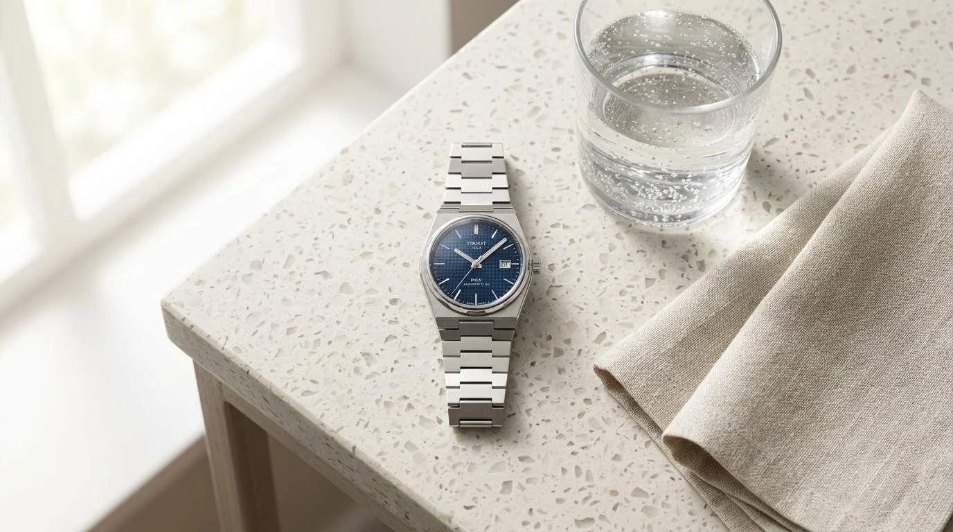 Illustrative render — hero view of the Tissot PRX Powermatic 80 35mm