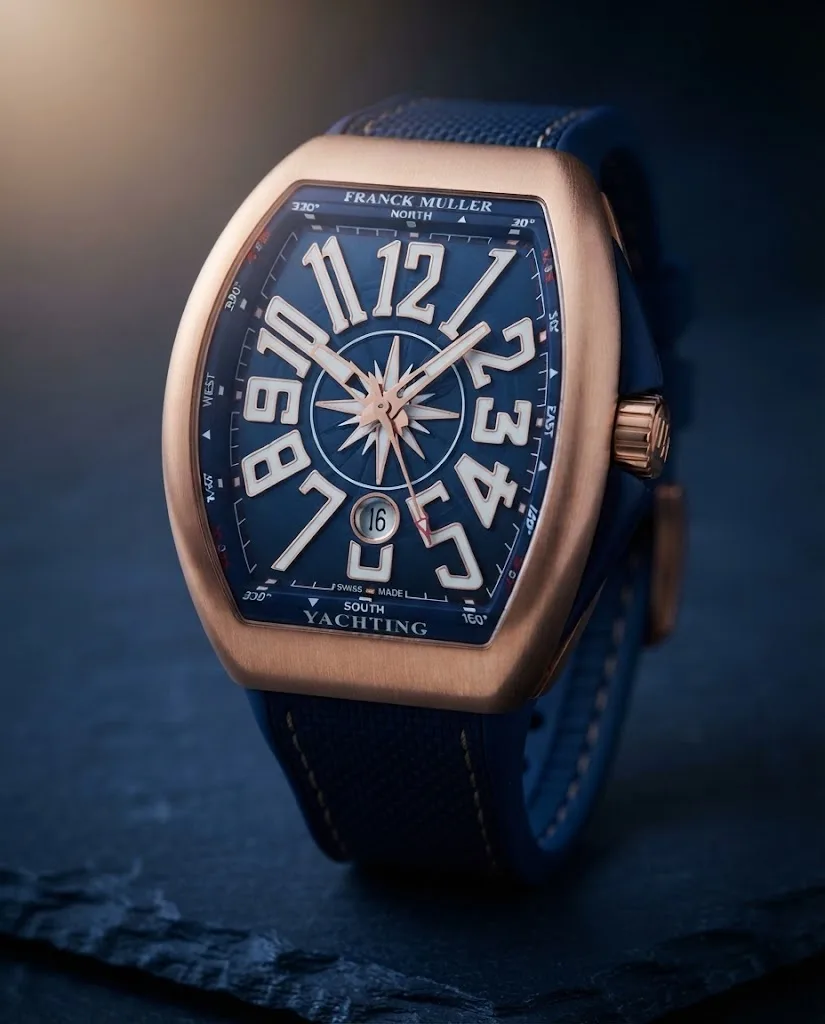 Illustrative render — hero view of the Franck Muller Vanguard Yachting V 45 SC DT 5N.BL (18k rose gold, blue compass dial, blue rubber strap)