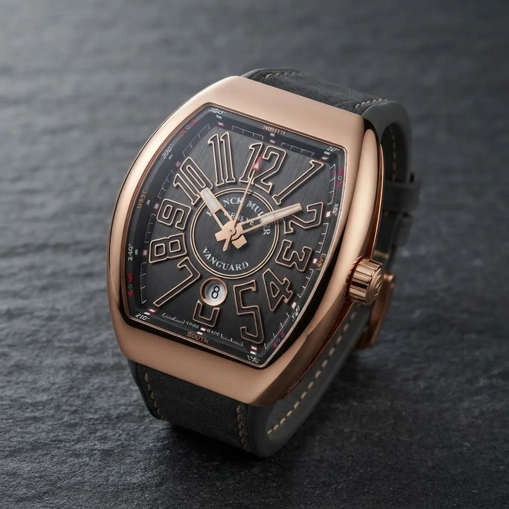 Illustrative render — hero view of the Franck Muller Vanguard V 45 SC DT 5N TT (18k rose gold with titanium trim, grey dial, grey strap)