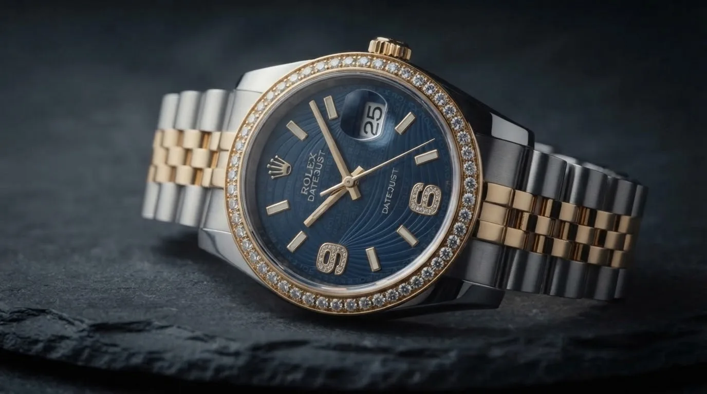 Illustrative render — hero view of the Rolex Datejust 36 ref. 116243 (steel and 18k yellow gold, diamond-set bezel, blue wave dial with diamond 6 and 9, Jubilee bracelet, box and papers, pre-owned)