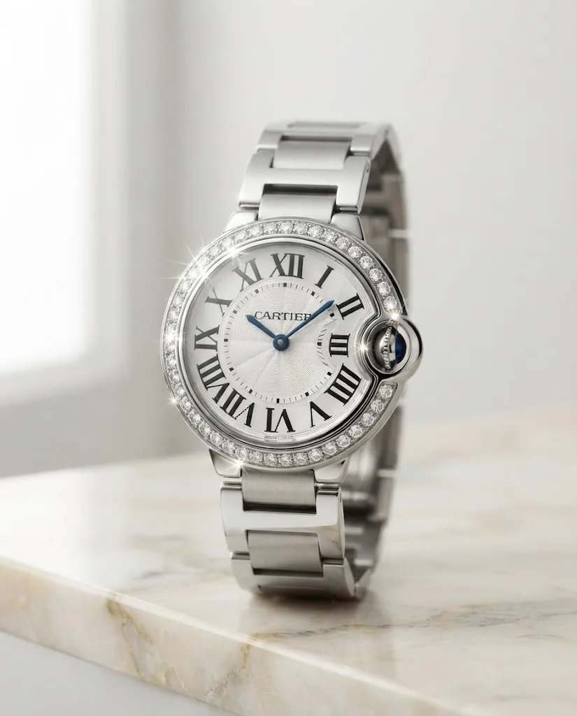 Illustrative render — hero view of the Cartier Ballon Bleu de Cartier 28mm quartz (steel, diamond-set bezel, silver dial, steel bracelet)