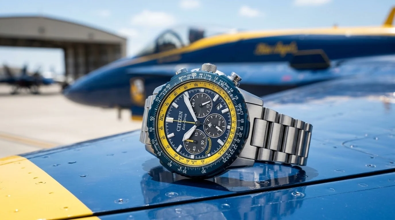 Illustrative render — hero view of the Citizen Blue Angels Navihawk 40mm