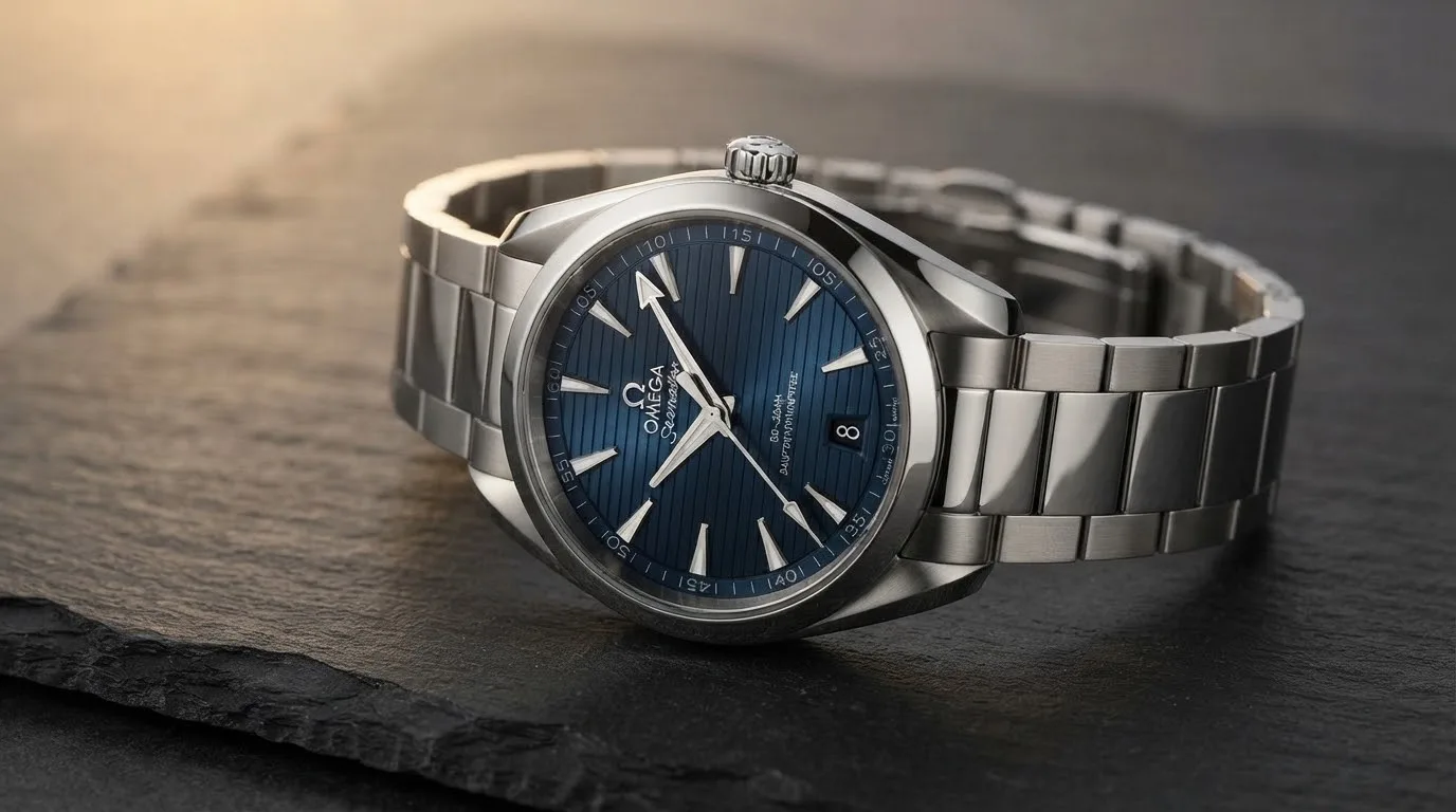 Illustrative render — hero view of the Omega Seamaster Aqua Terra 150M Co-Axial Master Chronometer 41mm 220.10.41.21.03.001 (steel, blue teak dial, steel bracelet)