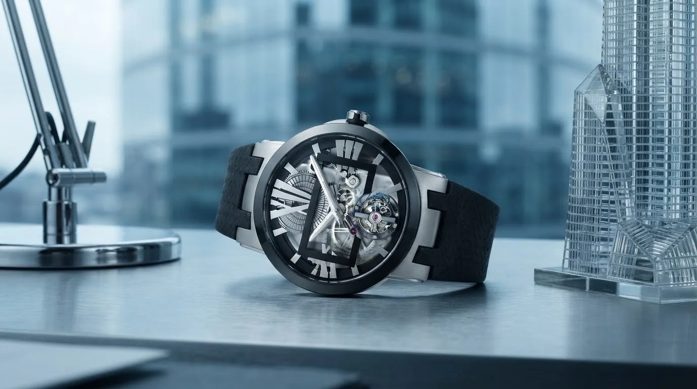 Illustrative render of the Ulysse Nardin Executive Skeleton Tourbillon 45 (titanium)