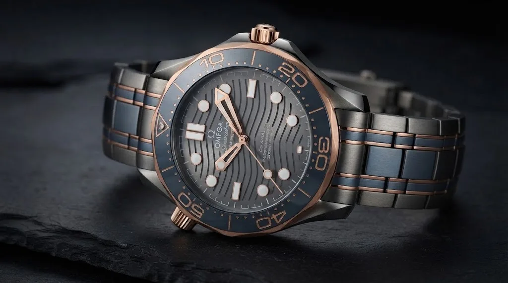 Illustrative render — hero view of the Omega Seamaster Diver 300M Co-Axial Master Chronometer 42mm 210.60.42.20.99.001 (titanium, tantalum and Sedna gold, limited to 2,500)