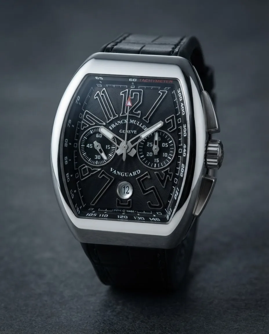 Illustrative render — hero view of the Franck Muller Vanguard V 45 CC DT AC BR.NR chronograph (polished steel, black guilloche dial, black leather-top rubber strap)