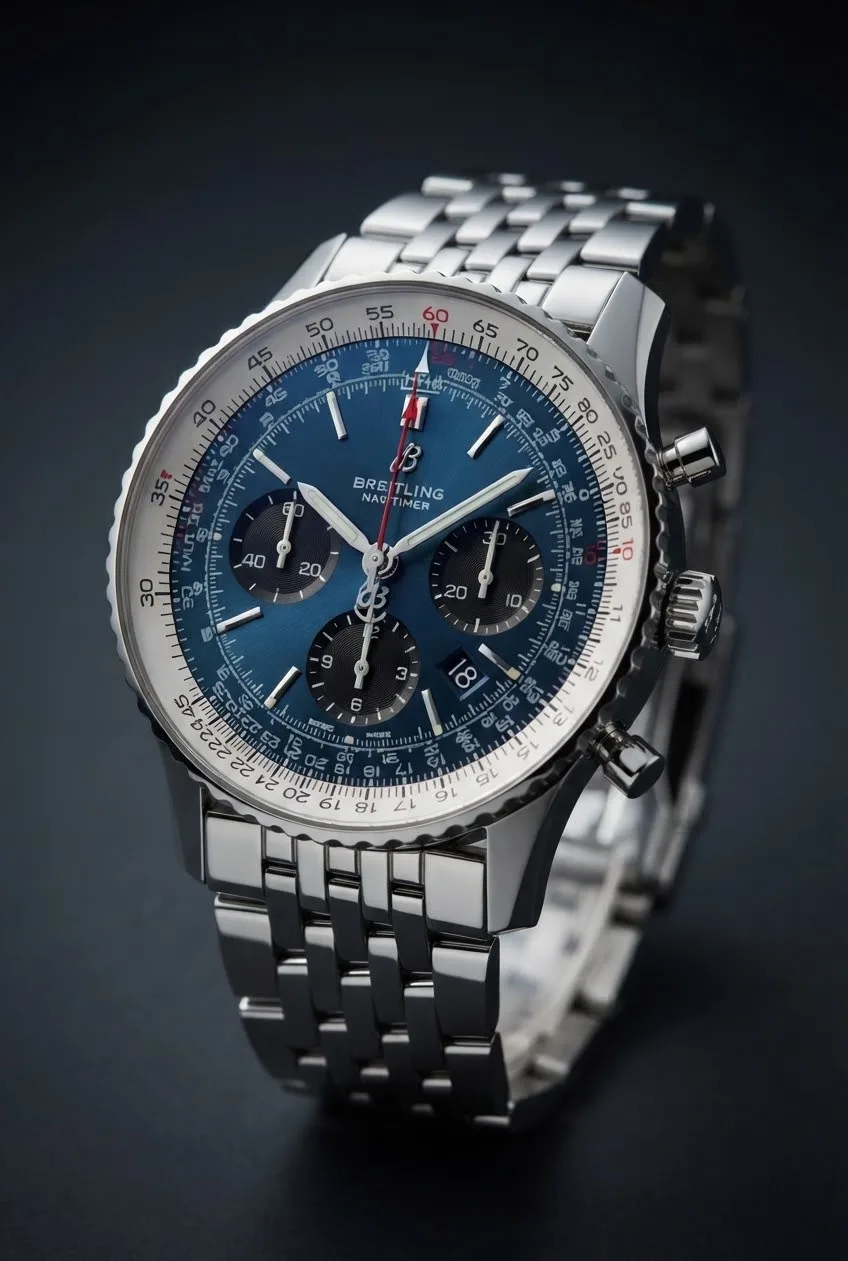 Illustrative render — hero view of the Breitling Navitimer B01 Chronograph 43 AB0121211C1A1 (steel, blue dial, steel bracelet)