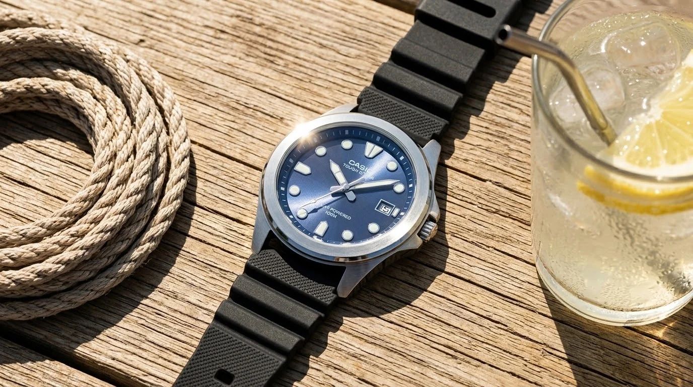 Illustrative render — hero view of the Casio MTP-S110 Solar