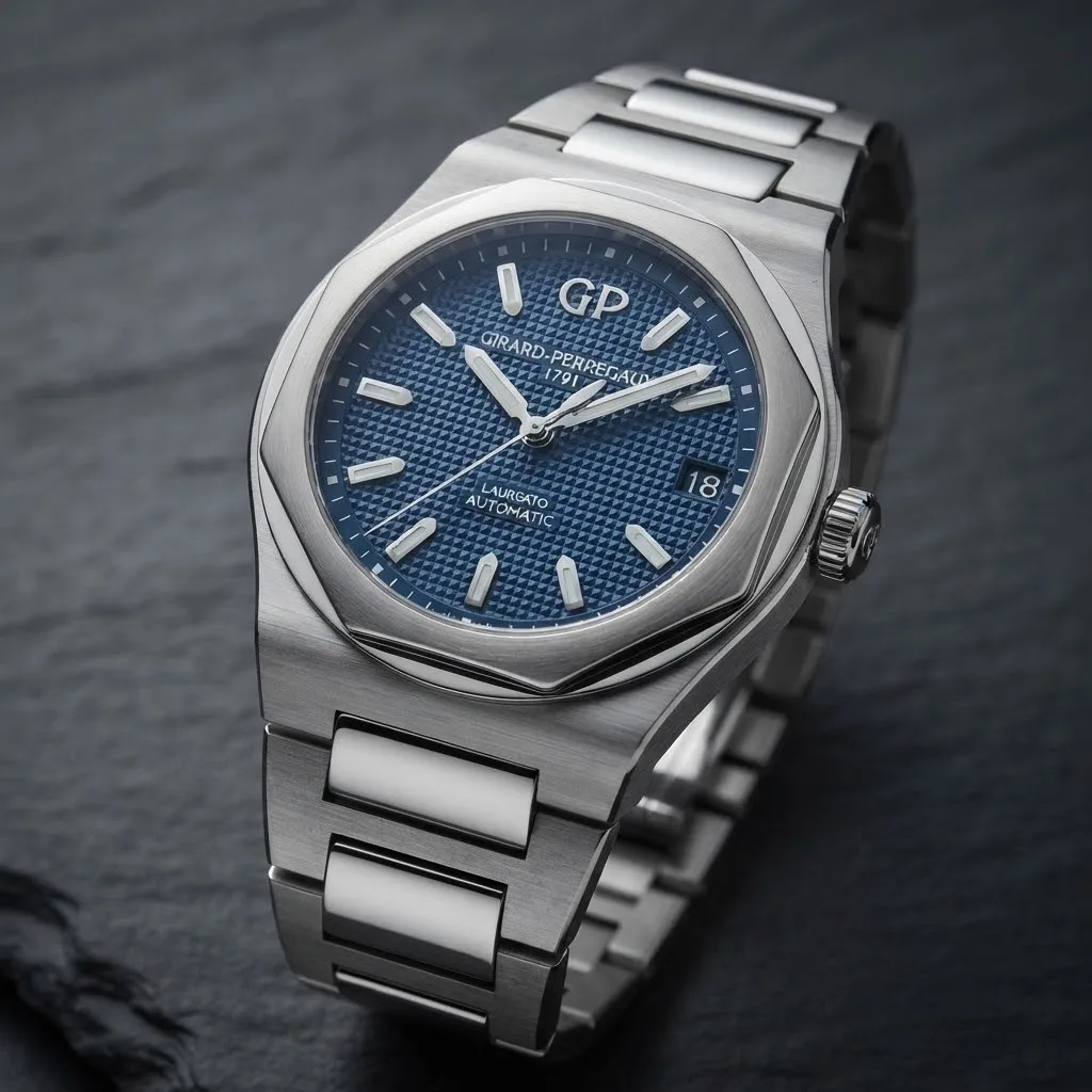 Illustrative render — hero view of the Girard-Perregaux Laureato 42 81010-11-431-11A (steel, blue Clous de Paris dial, bracelet)