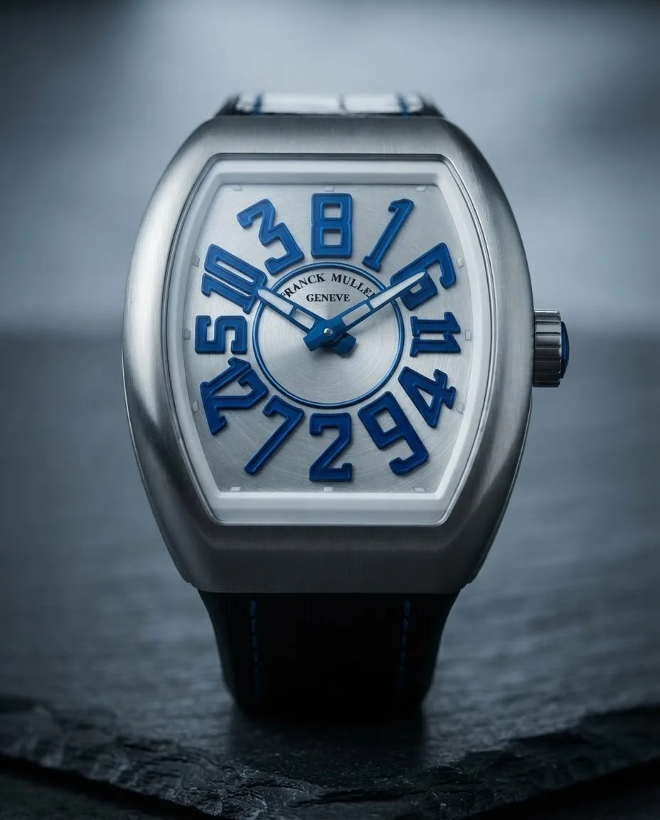 Illustrative render — hero view of the Franck Muller Vanguard Crazy Hours V 45 CH BR (BL) (brushed steel, blue numerals, black alligator strap with blue stitching)