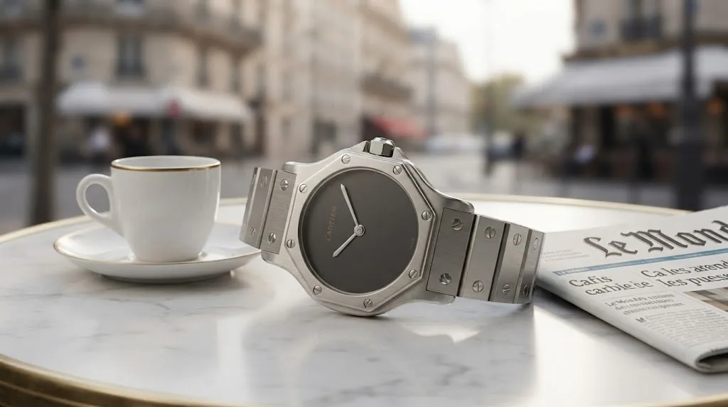 Illustrative render — hero view of the Cartier Santos Octagon (steel, black dial)