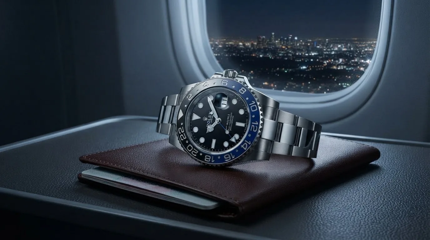 Illustrative render — hero view of the Rolex GMT-Master II Batman (steel, blue and black bezel, Oyster bracelet)