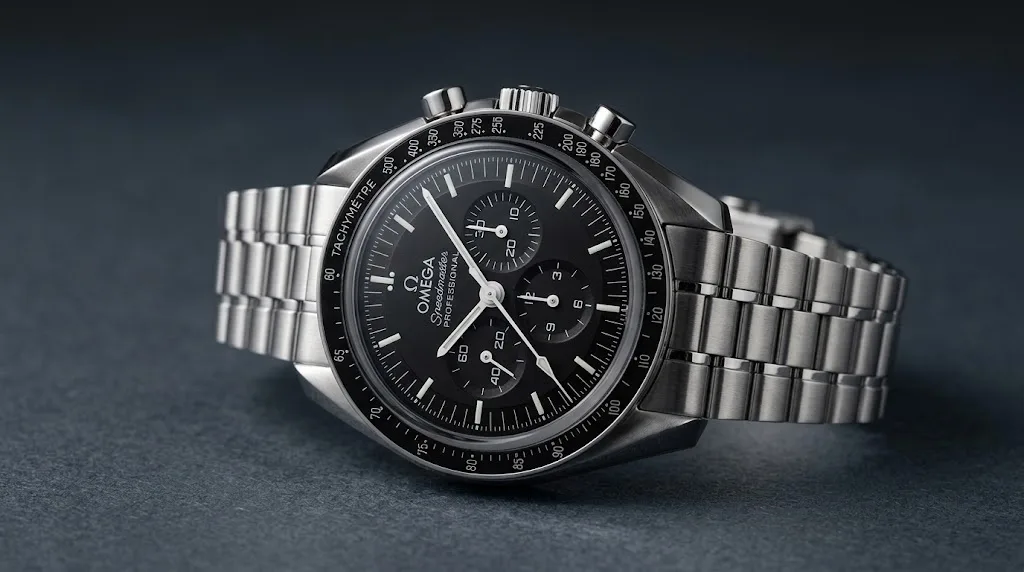 Illustrative render — hero view of the Omega Speedmaster Moonwatch Professional Co-Axial Master Chronometer 42mm 310.30.42.50.01.002 (sapphire, steel bracelet)