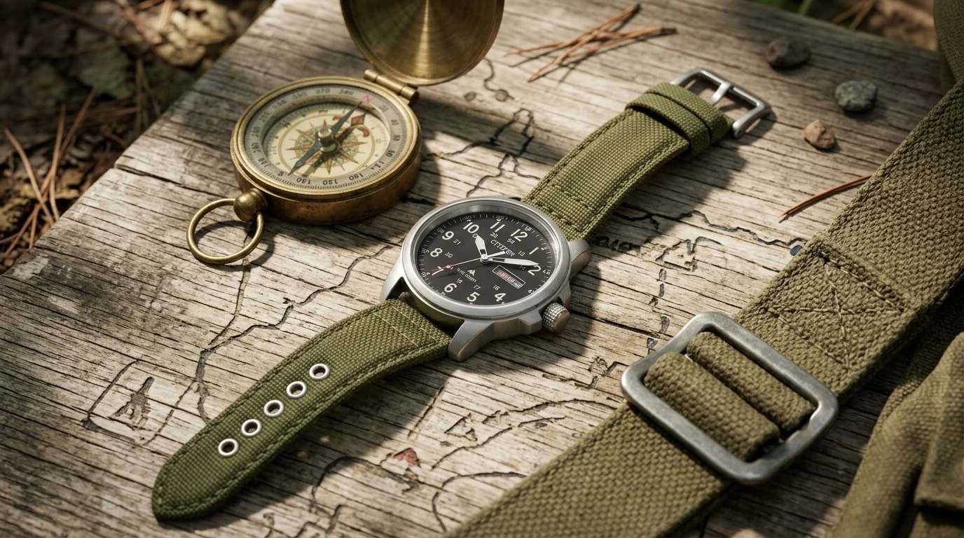 Illustrative render — hero view of the Citizen Eco-Drive Weekender Garrison