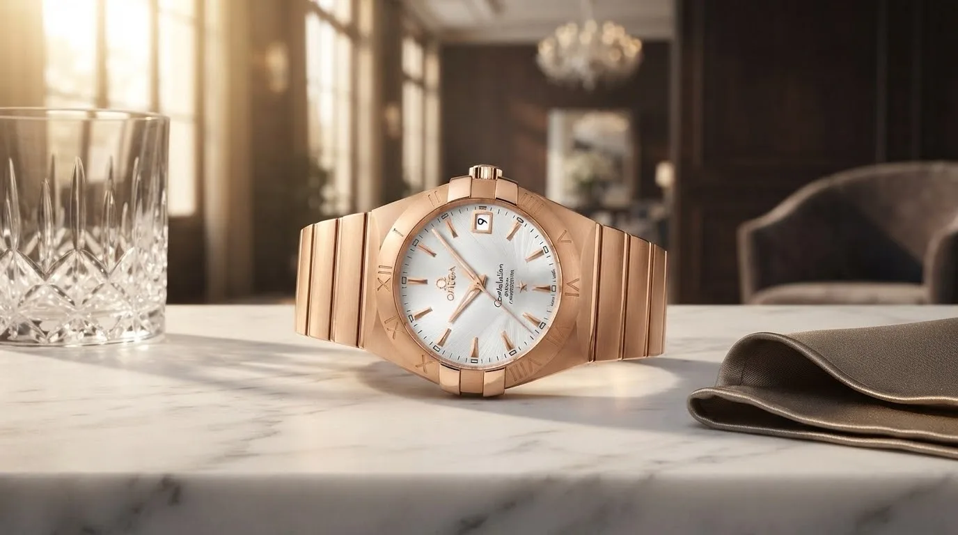 Illustrative render of the Omega Constellation 38 (red gold)