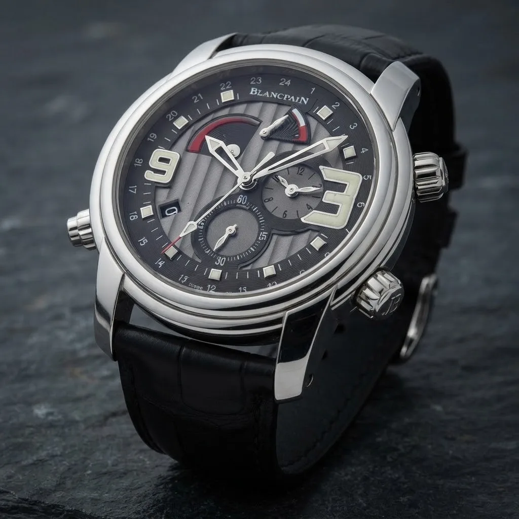 Illustrative render — hero view of the Blancpain L-Evolution GMT Alarm 8841-1134-53B (steel, grey dial)