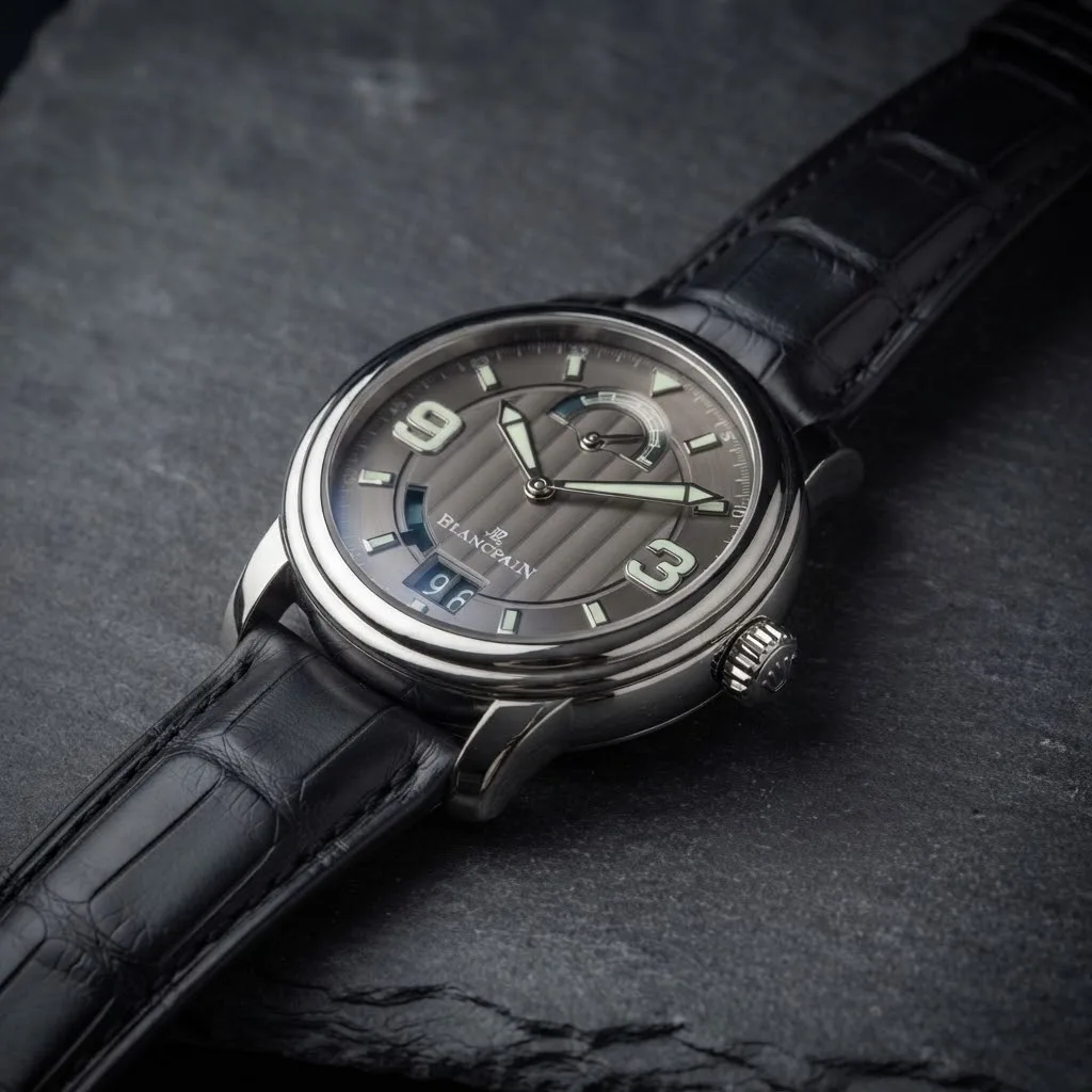 Illustrative render — hero view of the Blancpain L-Evolution 8 Days 8805-1134-53B (steel, grey dial, alligator strap)