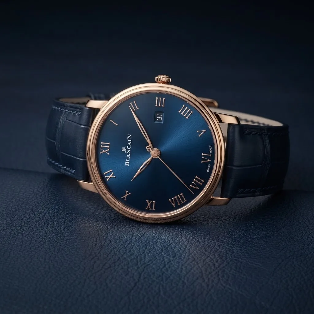Illustrative render — hero view of the Blancpain Villeret Ultraplate 6651-3640-55B (18k red gold, blue dial, blue alligator strap)