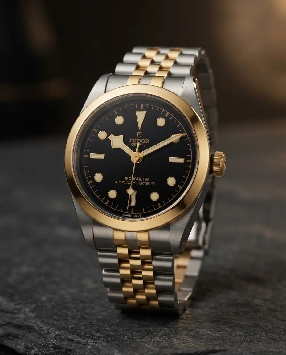 Illustrative render — hero view of the Tudor Black Bay 41 S&G M79683-0001 (steel and yellow gold, black dial, two-tone bracelet)
