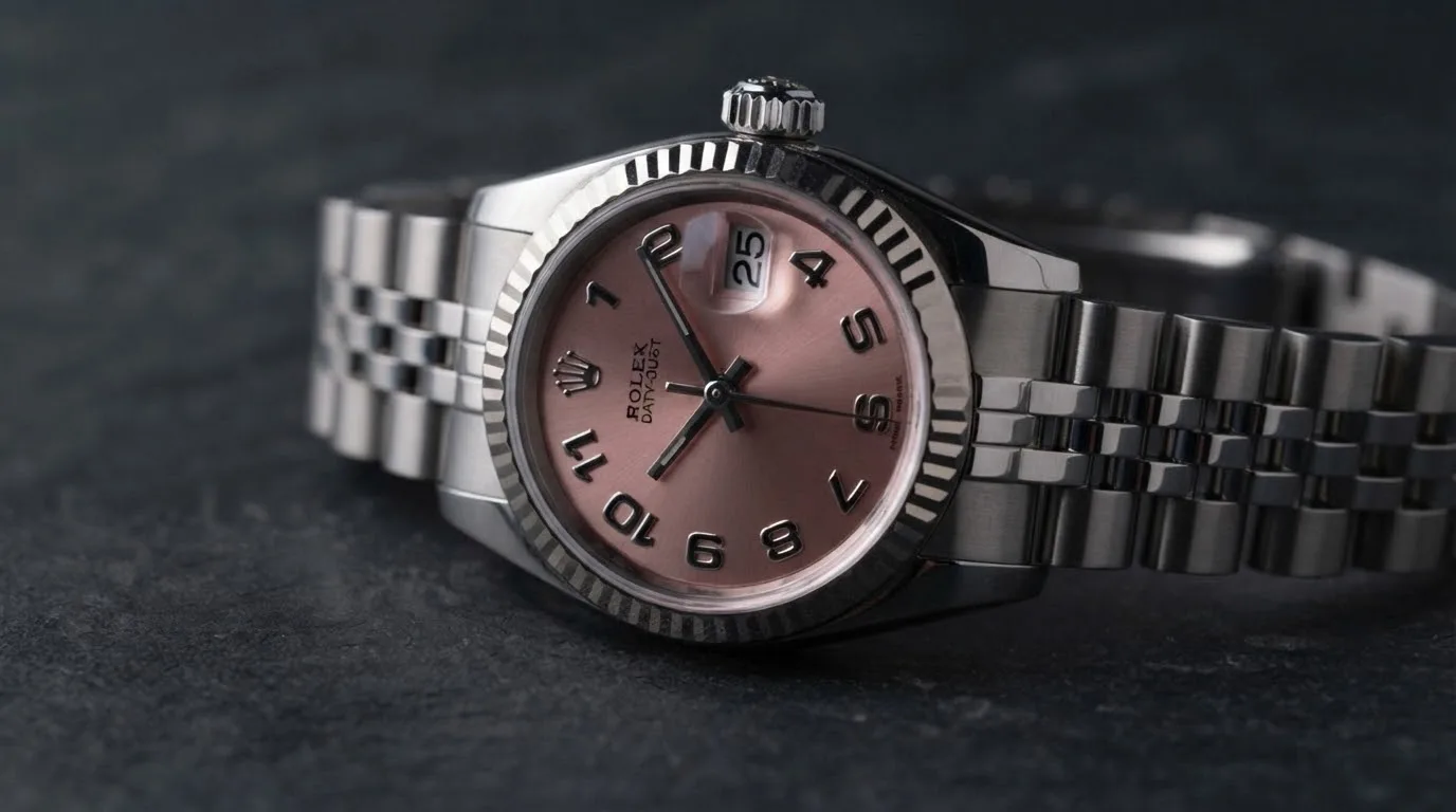 Illustrative render — hero view of the Rolex Lady-Datejust 26 ref. 79174 (steel, white gold fluted bezel, pink dial with Arabic numerals, Jubilee bracelet, pre-owned)