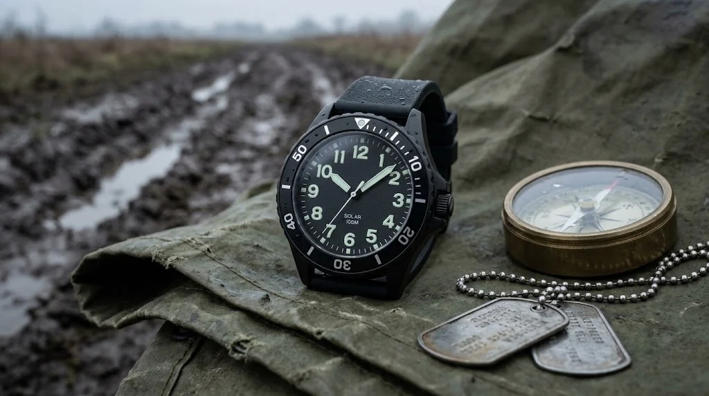 Illustrative render — hero view of the findtime Solar Military Analog