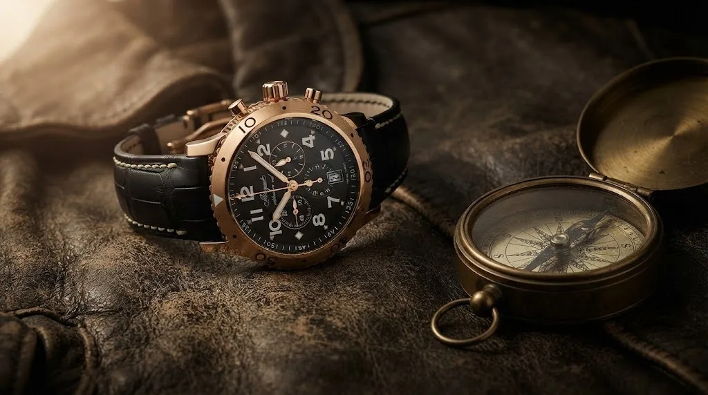 Illustrative render — hero view of the Breguet Type XXI 3810BR flyback chronograph (18k rose gold)