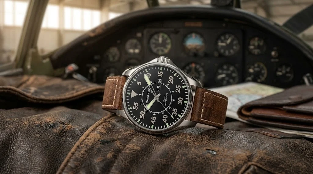 Illustrative render — hero view of the Hamilton Khaki Aviation Pilot Auto