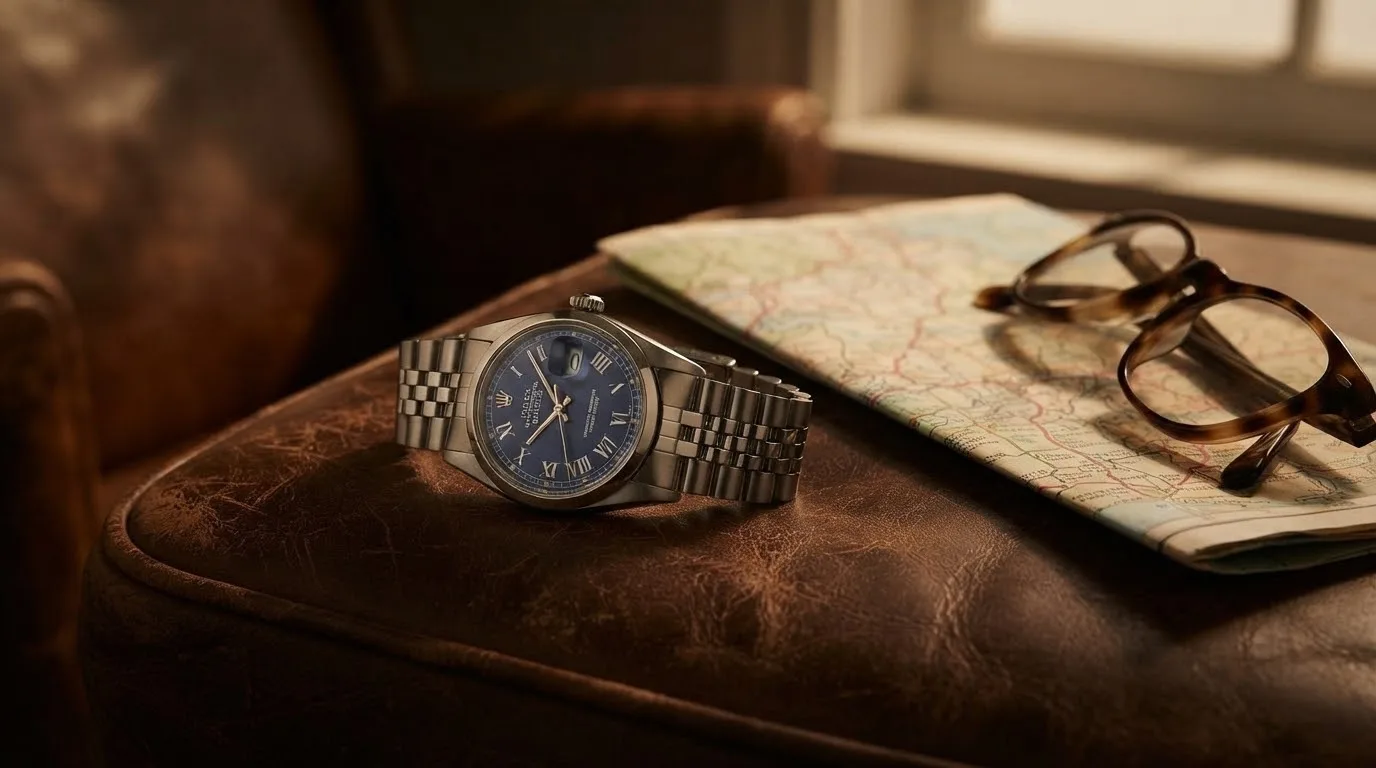 Illustrative render — hero view of the Rolex Datejust 1600 (steel, smooth bezel, blue Buckley dial, about 1971, box)