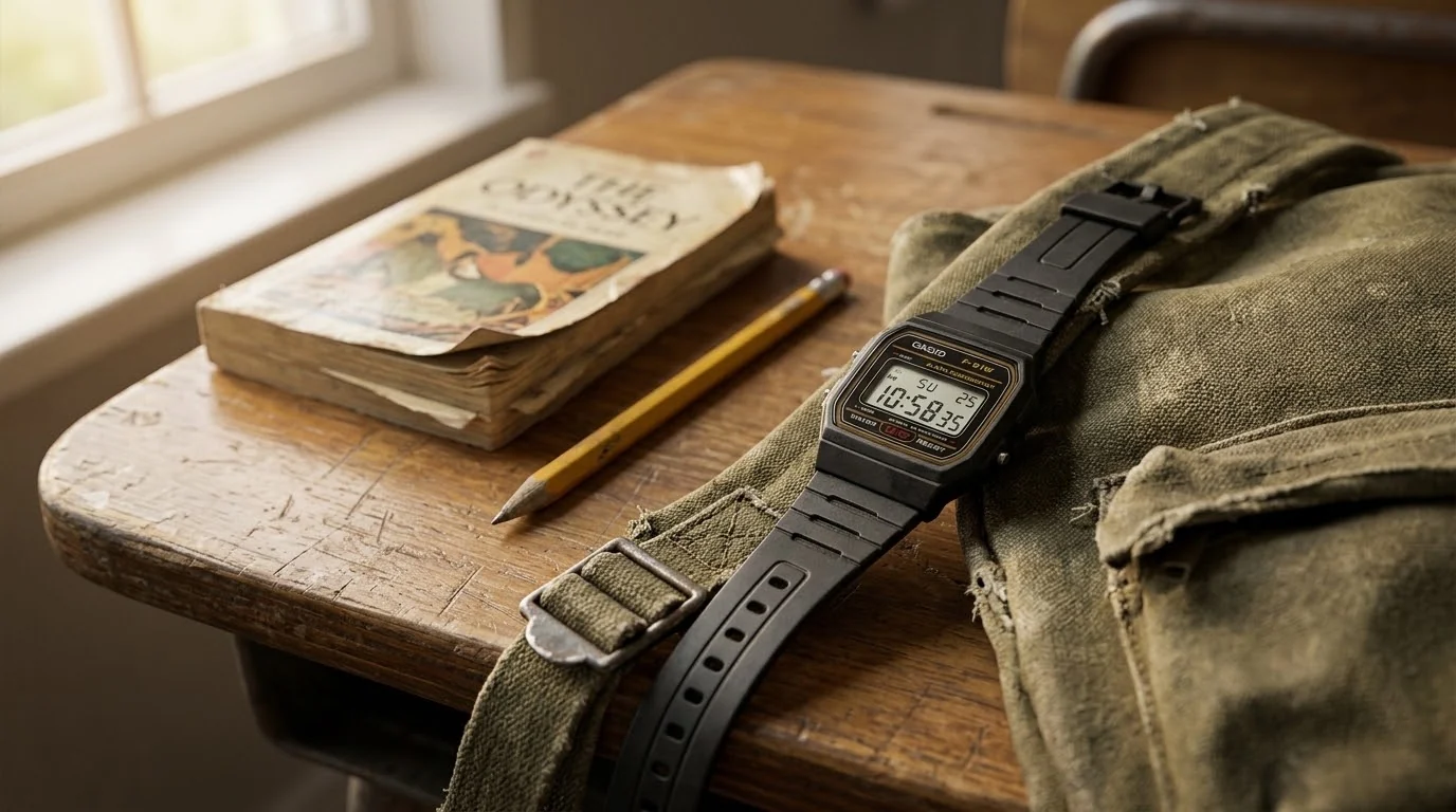 Illustrative render — hero view of the Casio F-91W