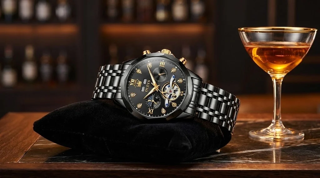 Illustrative render — hero view of the OLEVS Moon Phase Dress Watch