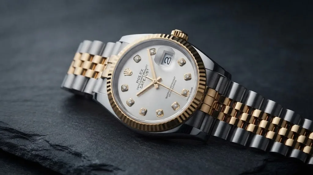 Illustrative render — hero view of the Rolex Datejust 36 (steel and 18k yellow gold, silver dial with diamond markers, fluted bezel, Jubilee bracelet, dated warranty card, pre-owned)