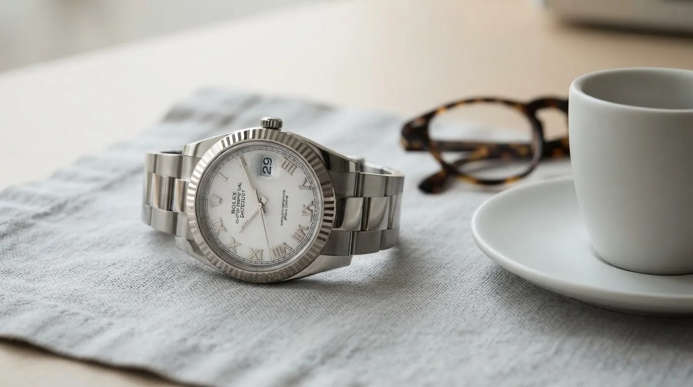 Illustrative render — hero view of the Rolex Datejust 41 (steel, white gold fluted bezel, white Roman dial)