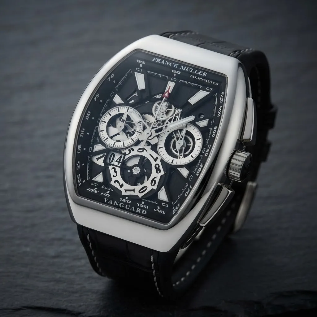 Illustrative render — hero view of the Franck Muller Vanguard Grande Date chronograph V 45 CC GD SQT (steel, skeleton dial, black alligator strap)