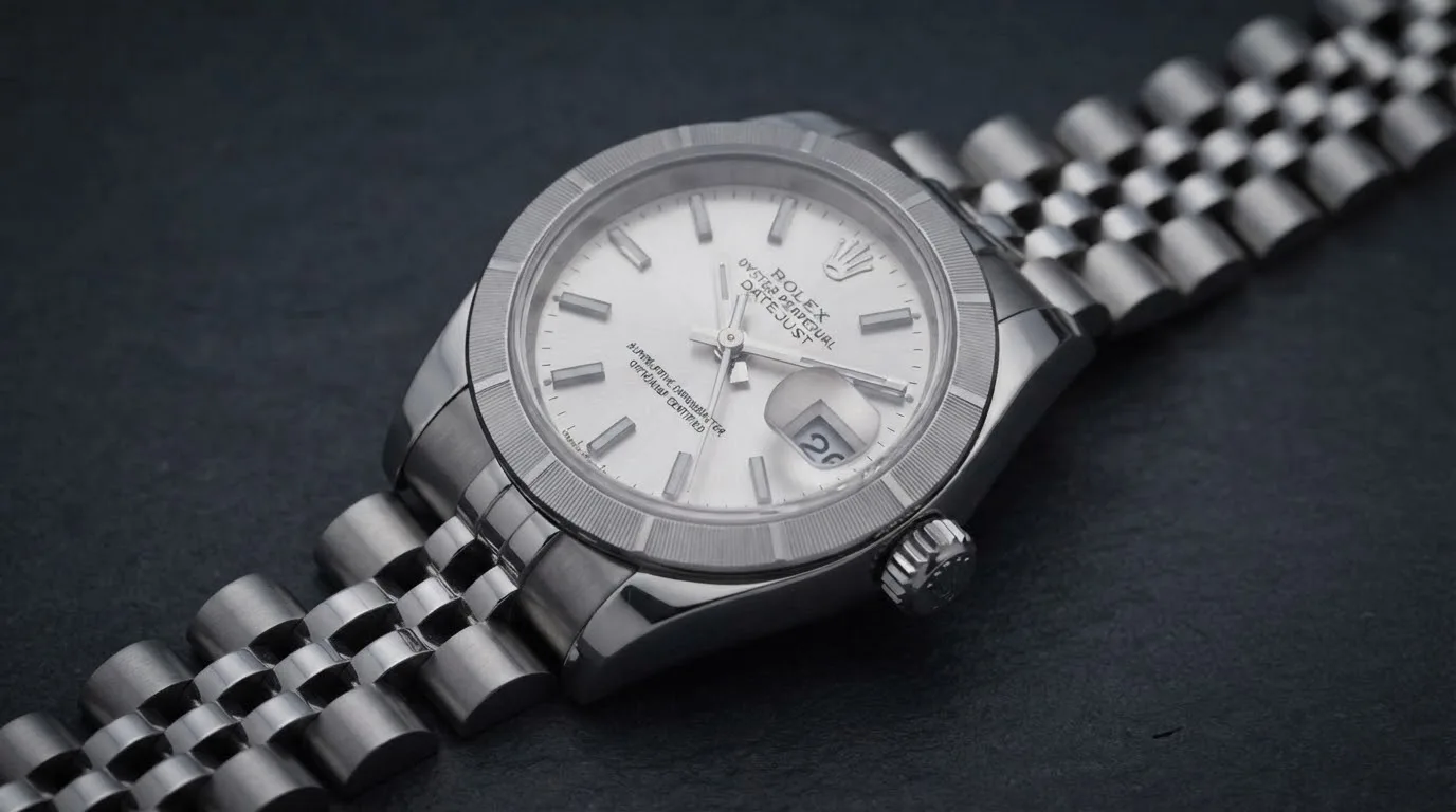 Illustrative render — hero view of the Rolex Lady-Datejust 26 ref. 79240 (steel, silver dial, engine-turned bezel, Jubilee bracelet, pre-owned)