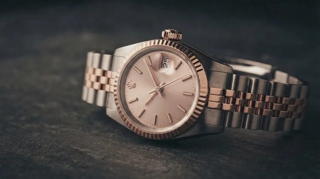 Illustrative render — hero view of the Rolex Lady-Datejust 26 ref. 179171 (steel and 18k Everose gold, pink dial, fluted bezel, Jubilee bracelet, pre-owned)