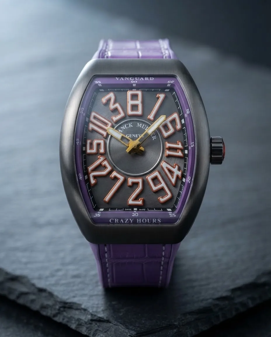 Illustrative render — hero view of the Franck Muller Vanguard Crazy Hours V 45 CH TT (titanium, grey dial, orange-outlined numerals, purple flange, purple alligator-grain strap)