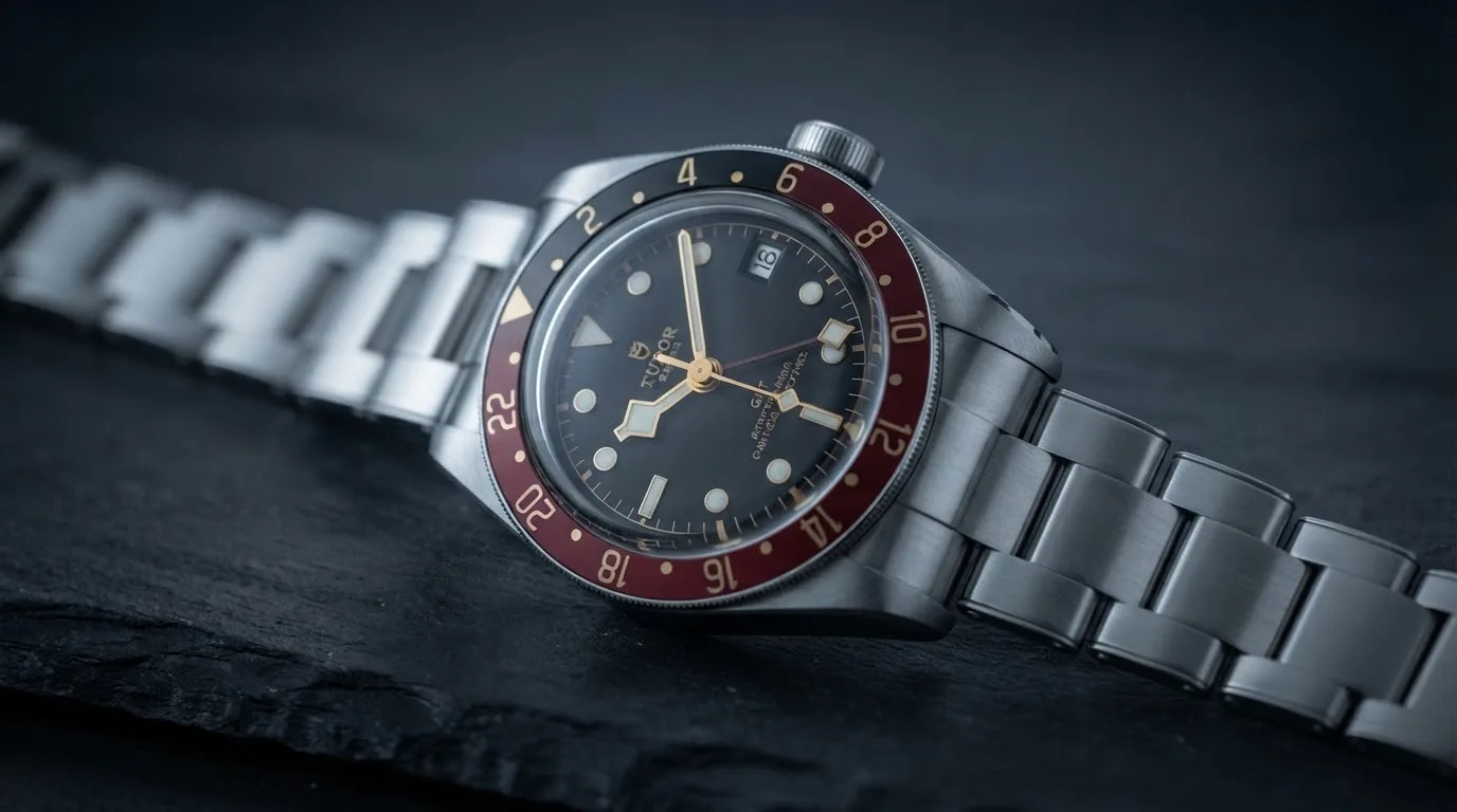 Illustrative render — hero view of the Tudor Black Bay 58 GMT 39mm M7939G1A0NRU-0001 (steel, black and burgundy 24-hour bezel, black gilt dial, rivet-style steel bracelet)