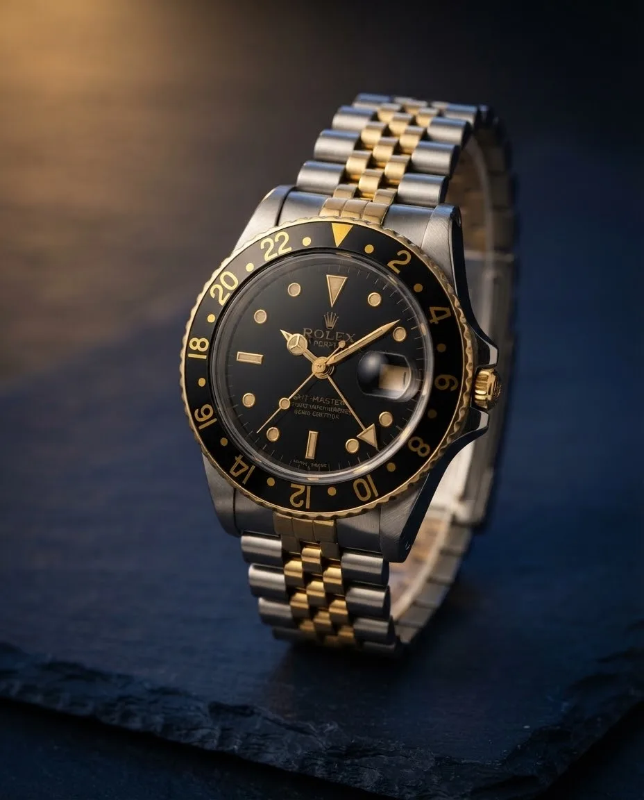 Illustrative render — hero view of the Rolex GMT-Master 40mm (steel and yellow gold, black dial, black bezel, Jubilee)