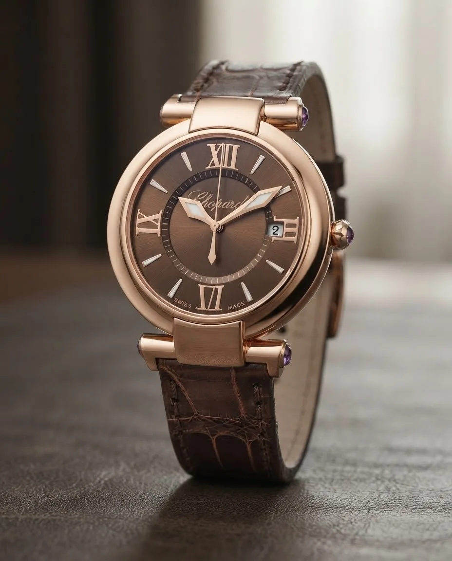 Illustrative render — hero view of the Chopard Imperiale 384221-5009 (18k rose gold, brown dial, brown alligator strap)