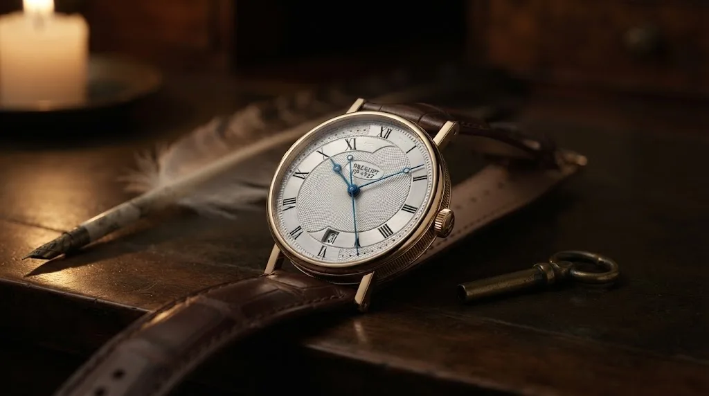 Illustrative render — hero view of the Breguet Classique 5197BA (18k yellow gold, silver engine-turned dial)