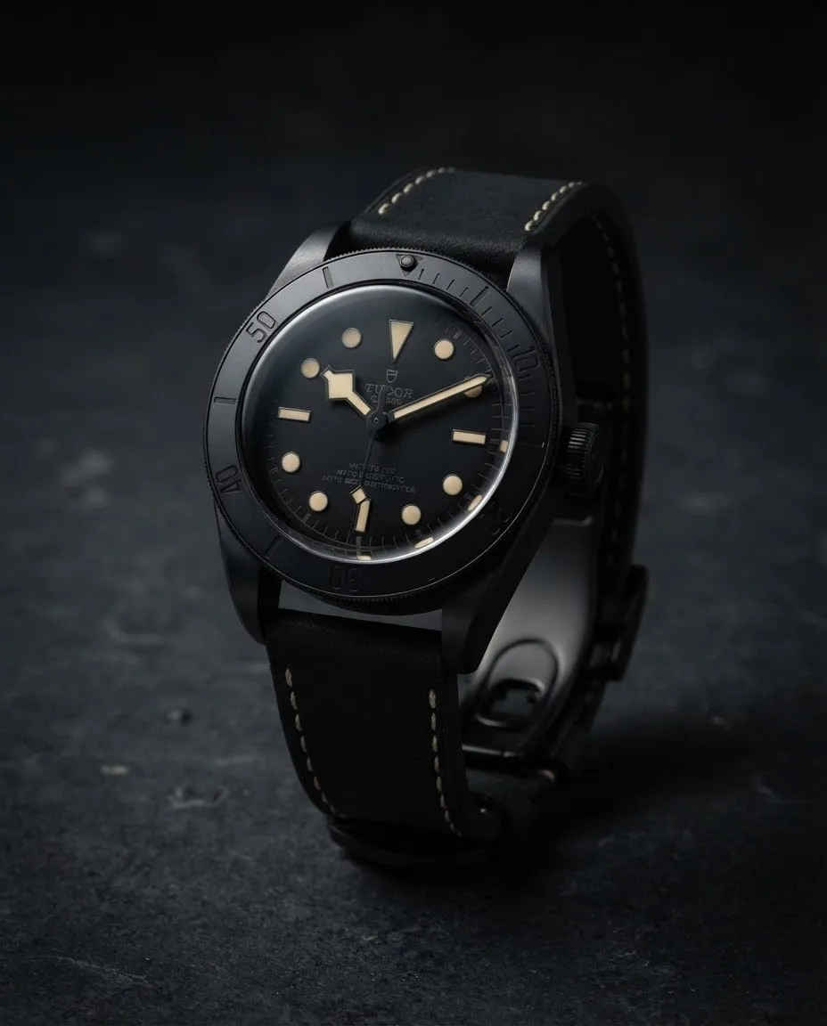 Illustrative render — hero view of the Tudor Black Bay Ceramic M79210CNU-0001 (black ceramic, black dial, hybrid strap)