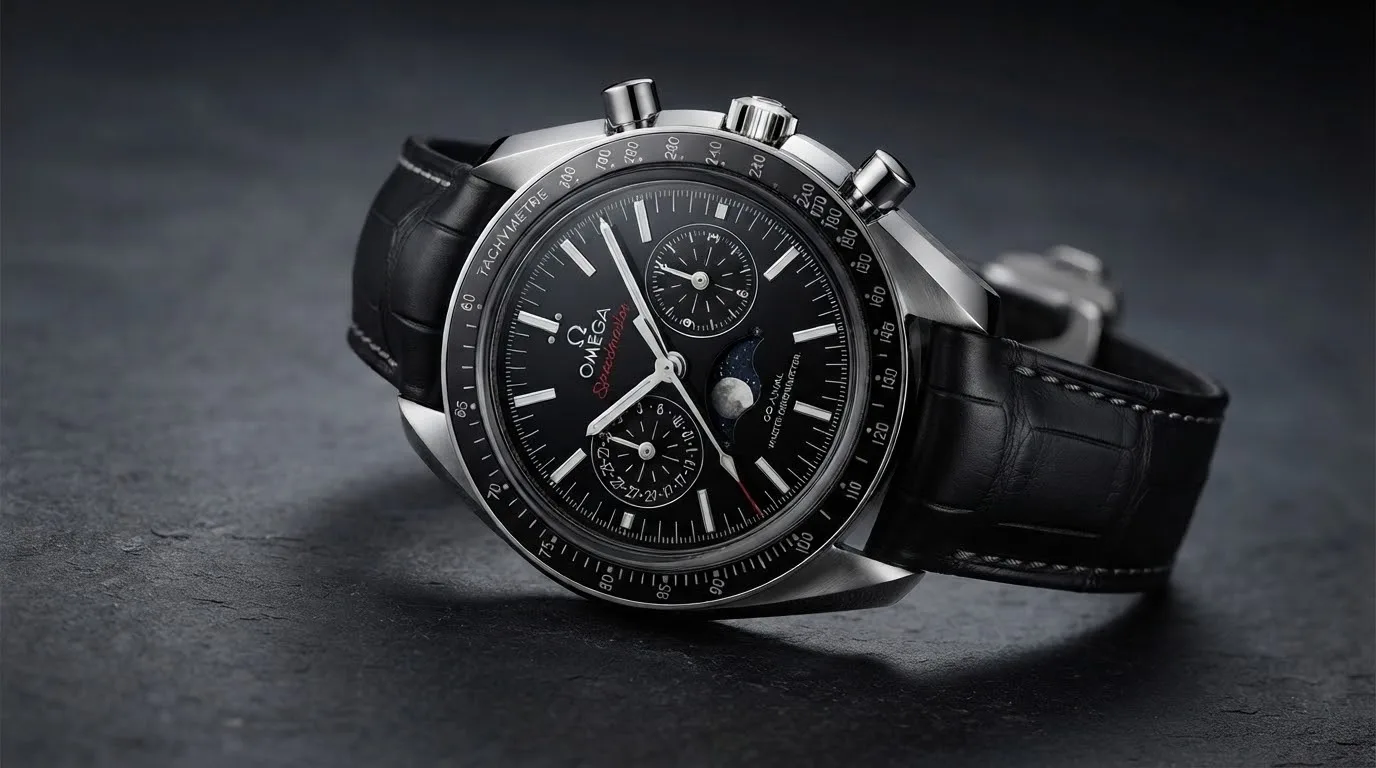 Illustrative render — hero view of the Omega Speedmaster Moonphase Co-Axial Master Chronometer Chronograph 44.25mm 304.33.44.52.01.001 (steel, black dial, black alligator strap)